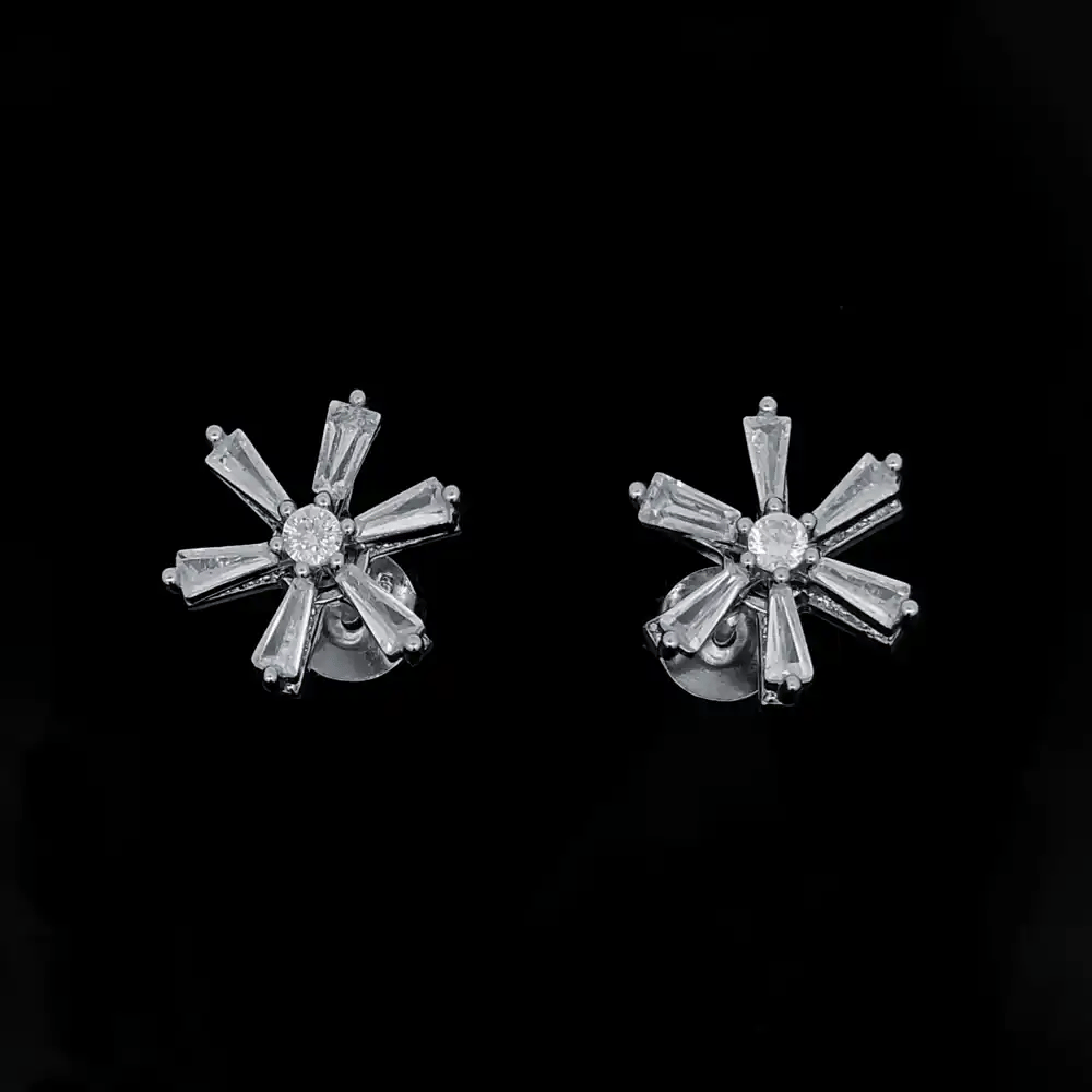 Silver  Baguette CZ Spinning Flower Windmill Stud Earrings - EAG1483