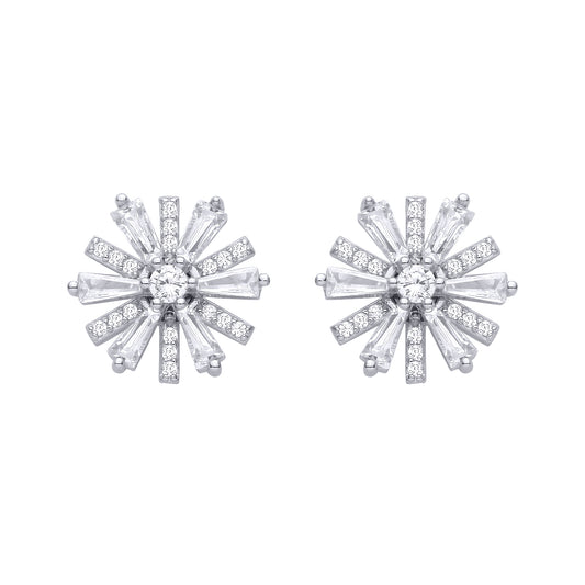 Silver  CZ Round & Baguette Spinning Flower Windmill Stud Earrings - EAG1483