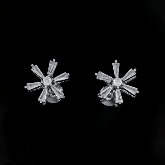 Silver  CZ Round & Baguette Spinning Flower Windmill Stud Earrings - EAG1483