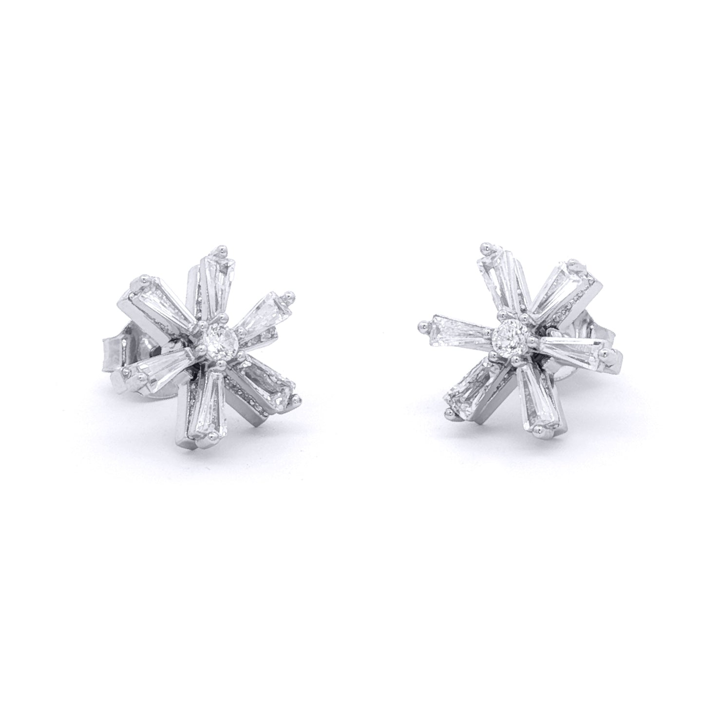 Silver  CZ Round & Baguette Spinning Flower Windmill Stud Earrings - EAG1483