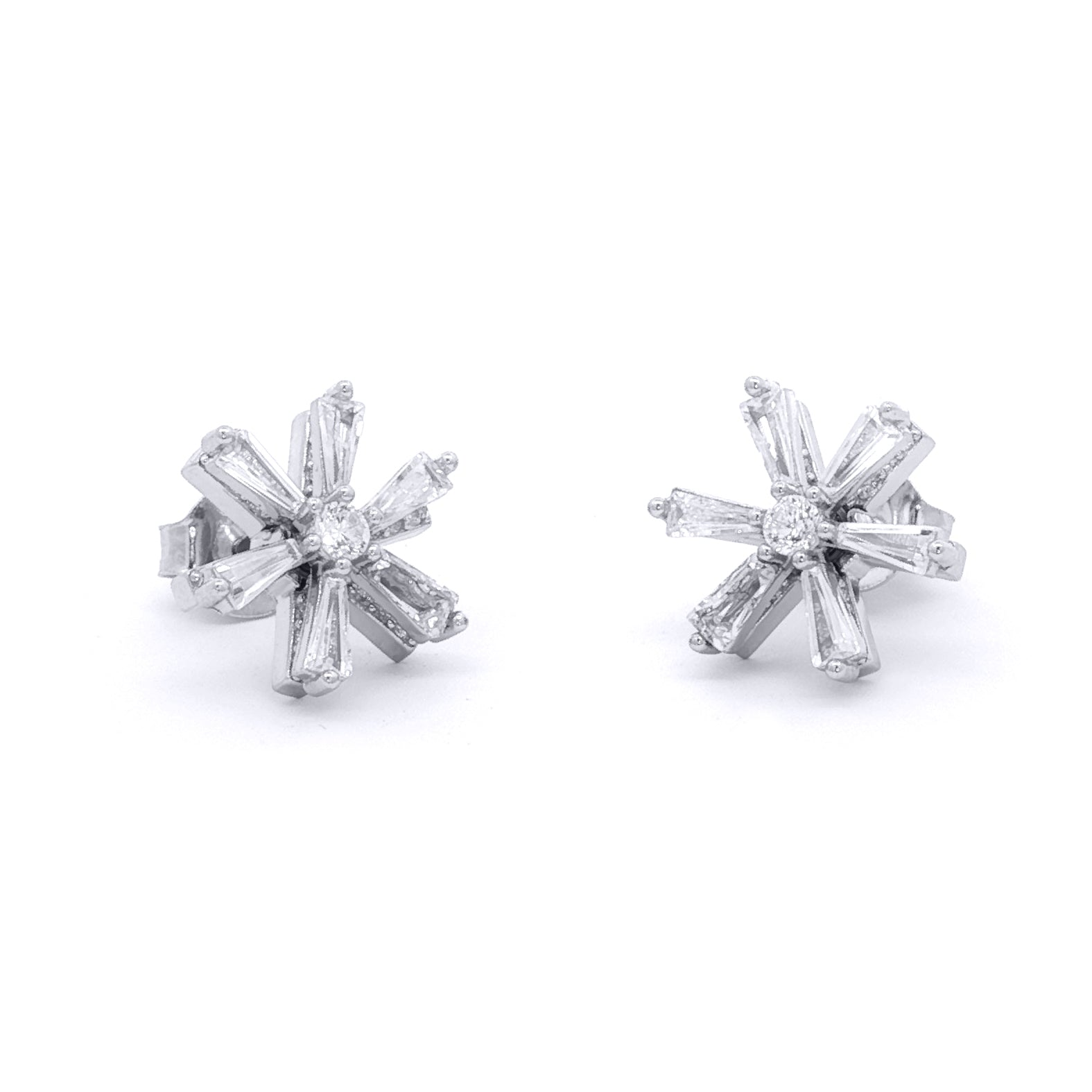 Silver  CZ Round & Baguette Spinning Flower Windmill Stud Earrings - EAG1483