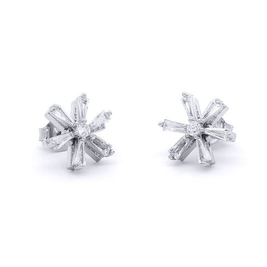Silver  CZ Round & Baguette Spinning Flower Windmill Stud Earrings - EAG1483