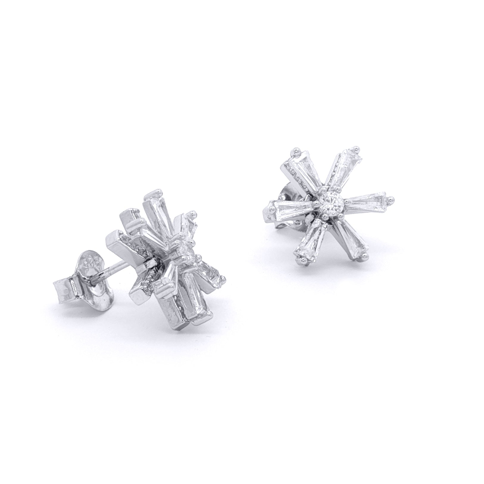 Silver  CZ Round & Baguette Spinning Flower Windmill Stud Earrings - EAG1483