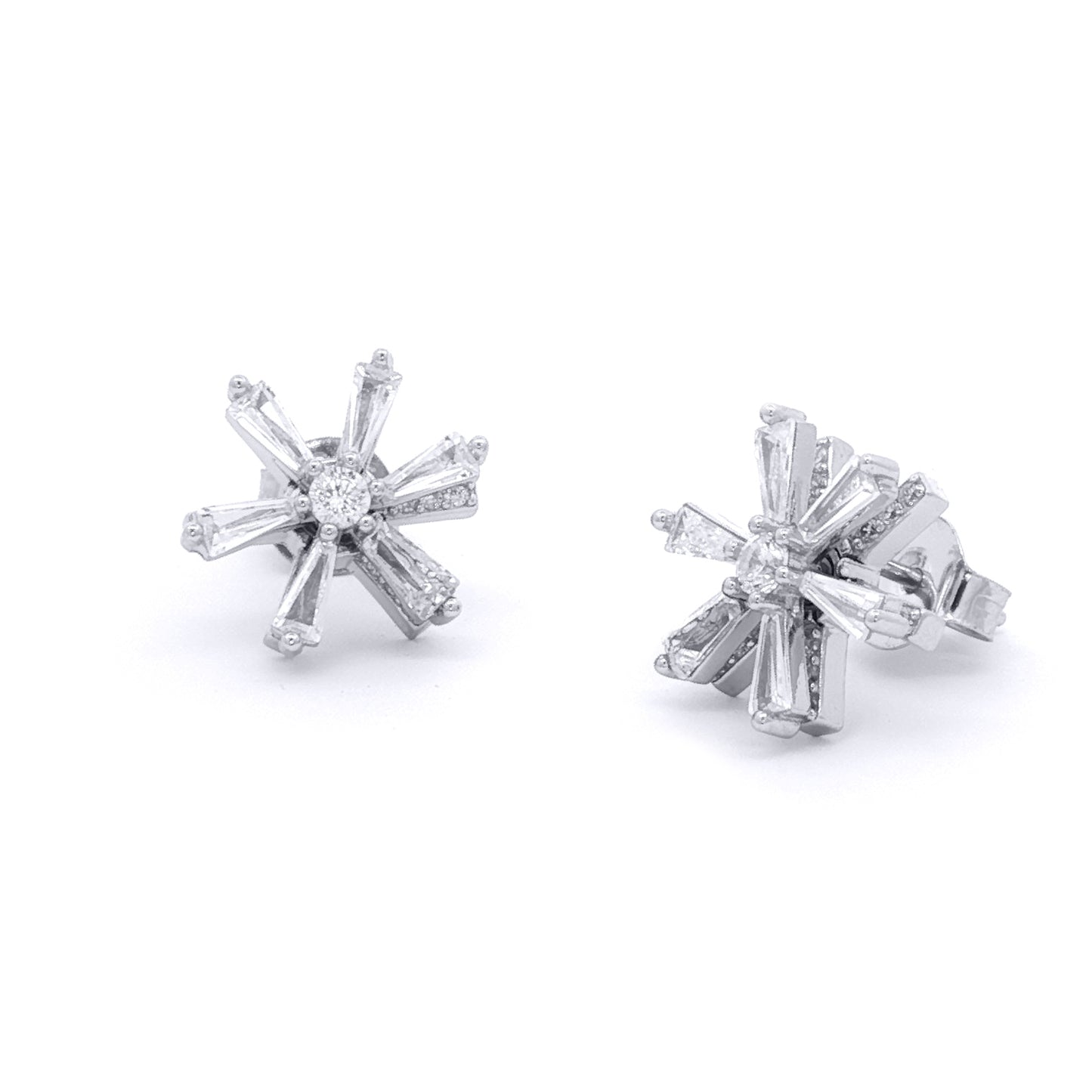 Silver  CZ Round & Baguette Spinning Flower Windmill Stud Earrings - EAG1483