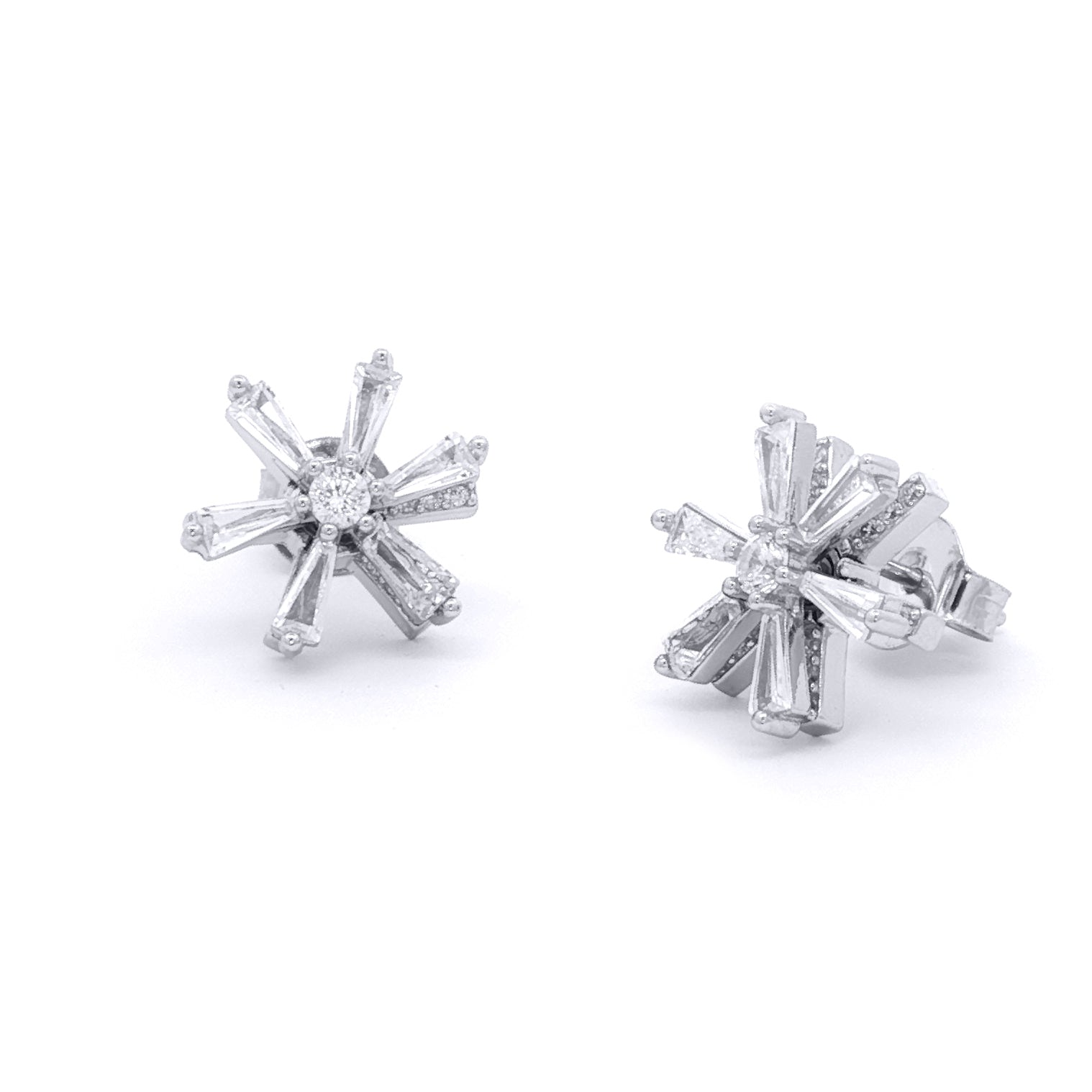 Silver  CZ Round & Baguette Spinning Flower Windmill Stud Earrings - EAG1483