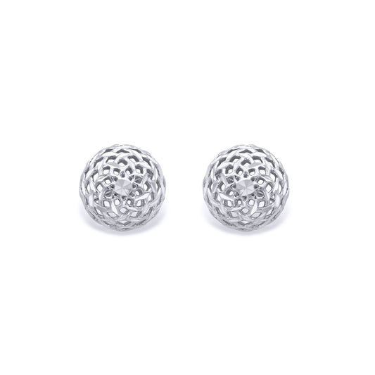 9ct White Gold  Filigree Wicker Basket Dome Ball Stud Earrings 8mm - EANR02014