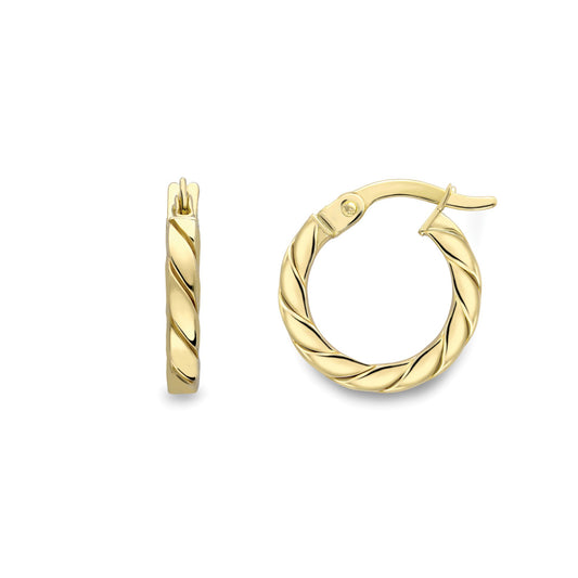 Ladies 9ct Yellow Gold  Square Tube Tight Twist Hoop Earrings 10mm - EANR02023