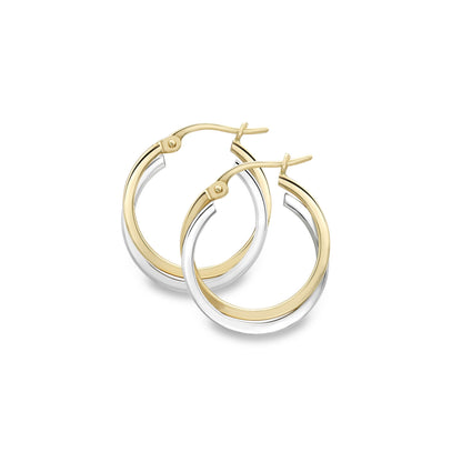 9ct 2-Colour Gold  Square Tube Double Overlap Hoop Earrings 15mm - EANR02029