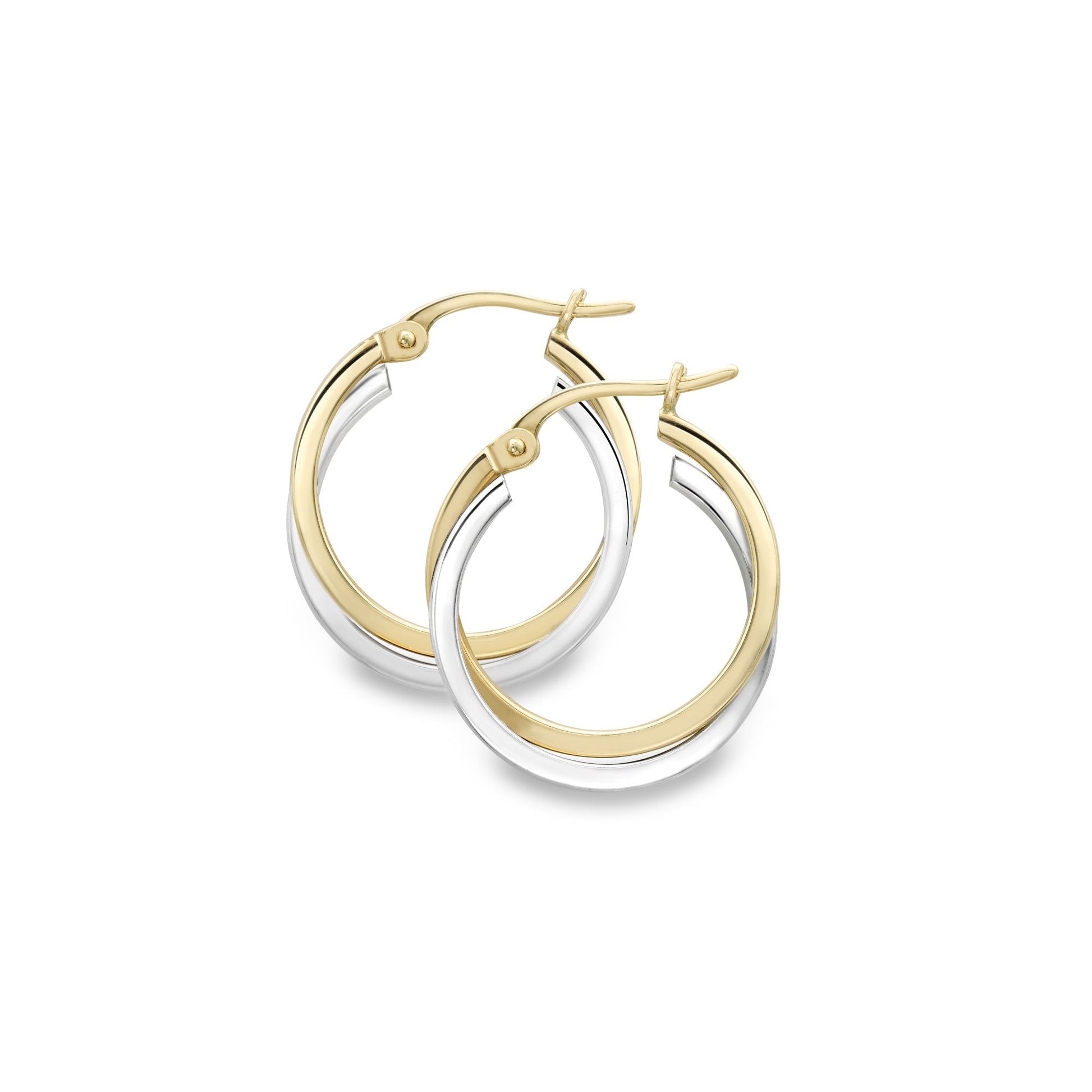 9ct 2-Colour Gold  Square Tube Double Overlap Hoop Earrings 15mm - EANR02029