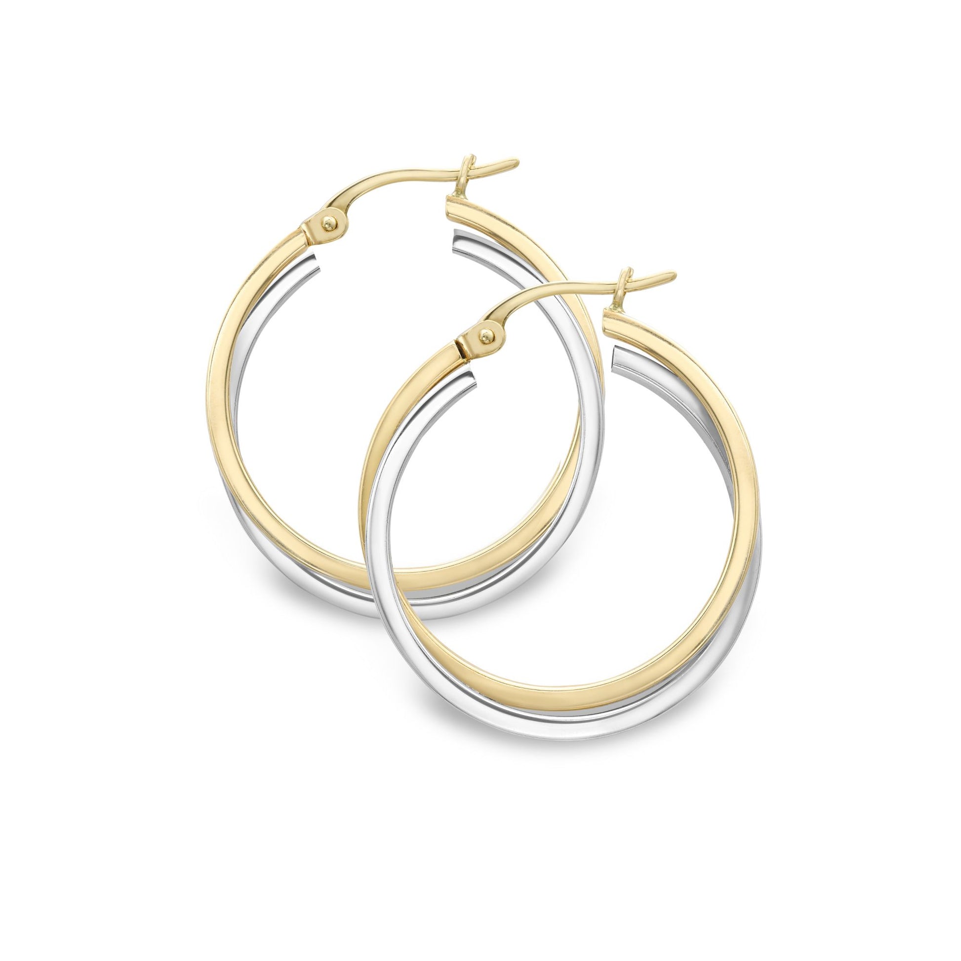 9ct 2-Colour Gold  Square Tube Double Overlap Hoop Earrings 20mm - EANR02030