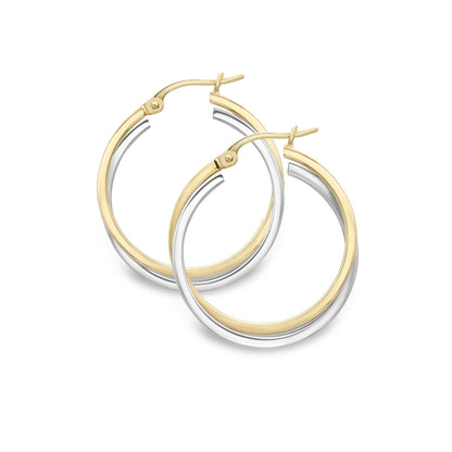 9ct 2-Colour Gold  Square Tube Double Overlap Hoop Earrings 20mm - EANR02030