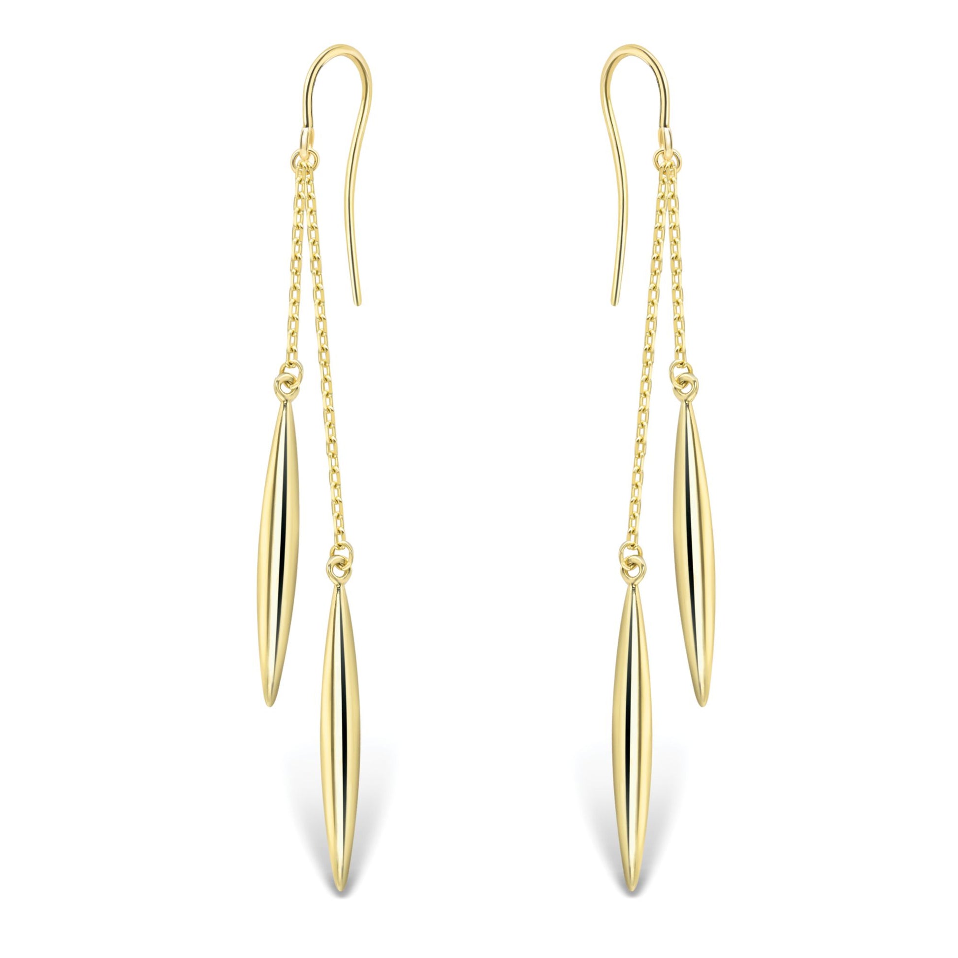 Ladies 9ct Yellow Gold  Double Torpedo Pod Drop Earrings 22mm - EANR02033