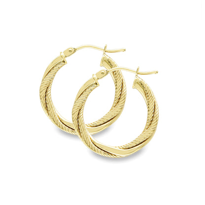 9ct Gold  Square Tube Triple Overlap Twist Hoop Earrings 15mm - EANR02042