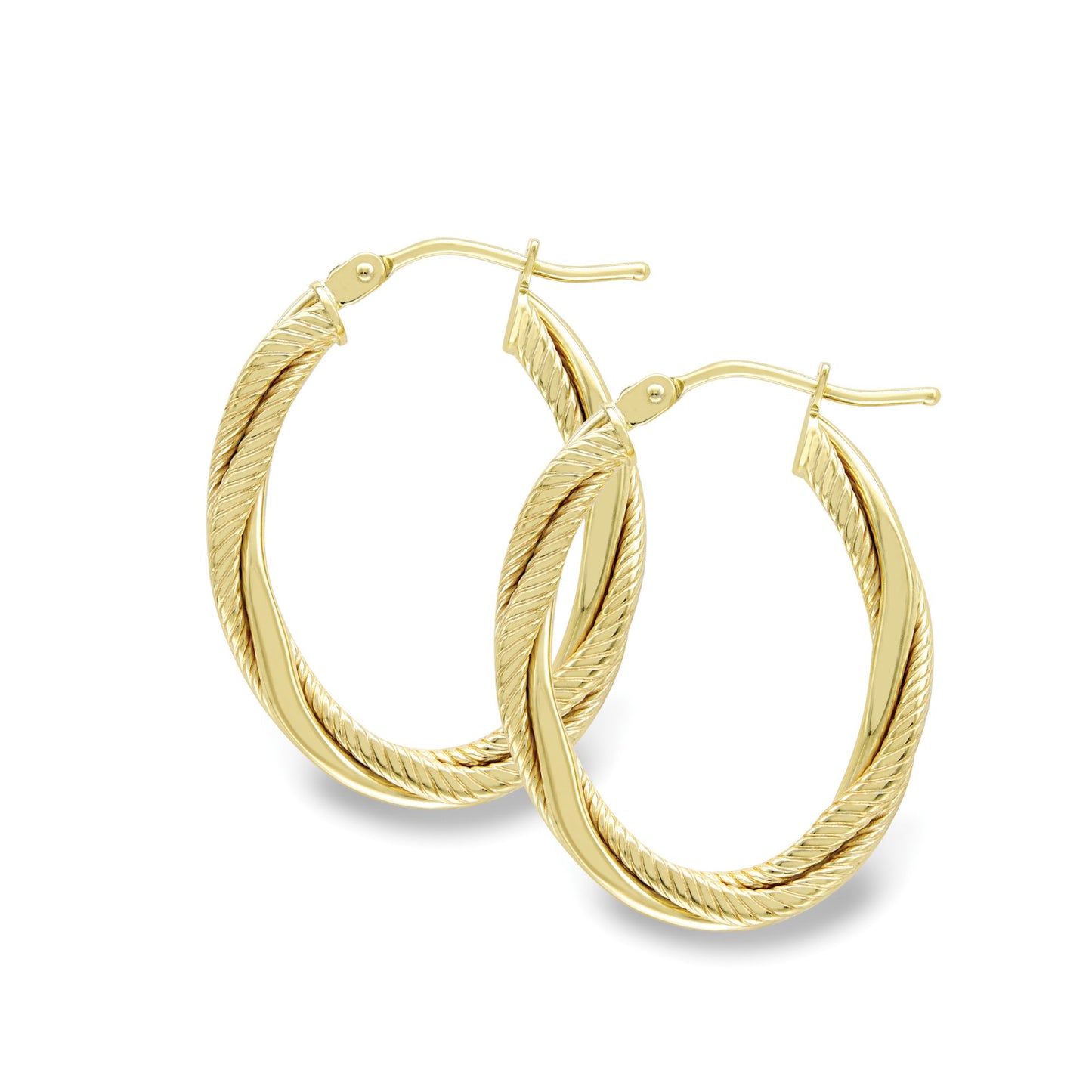 9ct Gold  Square Tube Triple Overlap Twist Oval Hoop Earrings 20mm - EANR02044