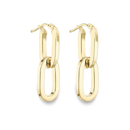 Ladies 9ct Yellow Gold  Square Tube Oval Link Drop Earrings 15mm - EANR02051