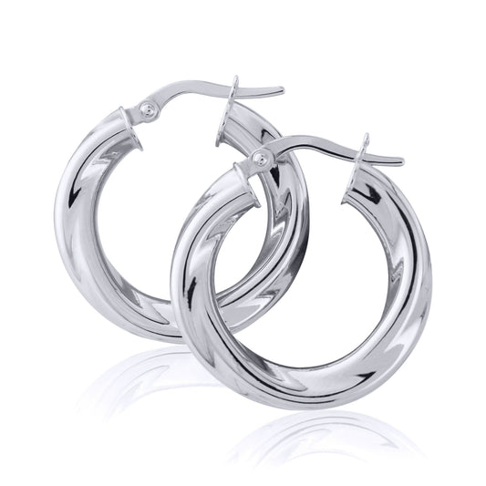 Ladies 9ct White Gold  Loose Twist Round Hoop Earrings 15mm - EANR02056
