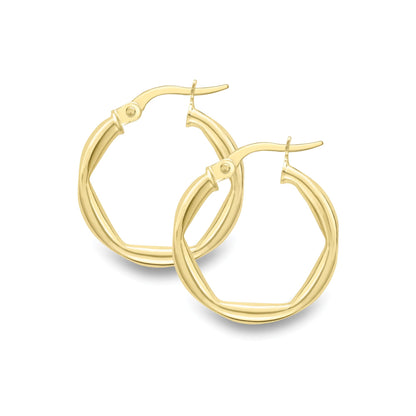 Ladies 9ct Gold  Overlap Twist Round Hoop Creole Earrings 15mm - EANR02077
