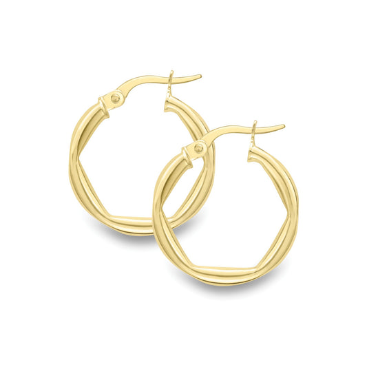 Ladies 9ct Gold  Overlap Twist Round Hoop Creole Earrings 15mm - EANR02077