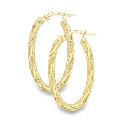 9ct Gold  Striped Ribbon Twist Oval Hoop Creole Earrings 25mm - EANR02081