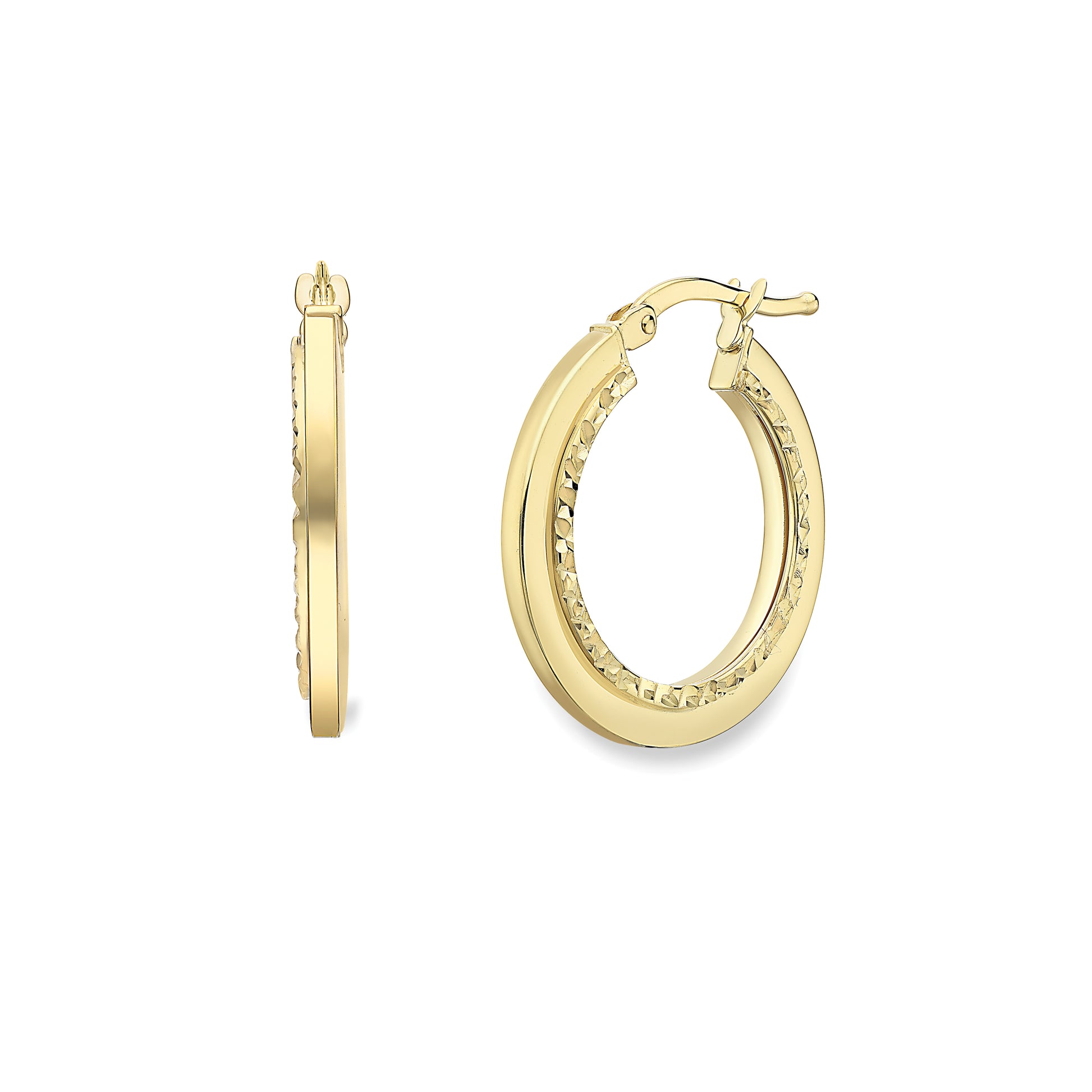9ct Gold  Polished Square Hoop Earrings with Diamond Cut - EANR02170