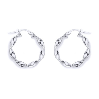 Ladies 9ct White Gold  Candy Twist Ribbon Hoop Earrings - 20mm - ENR02391