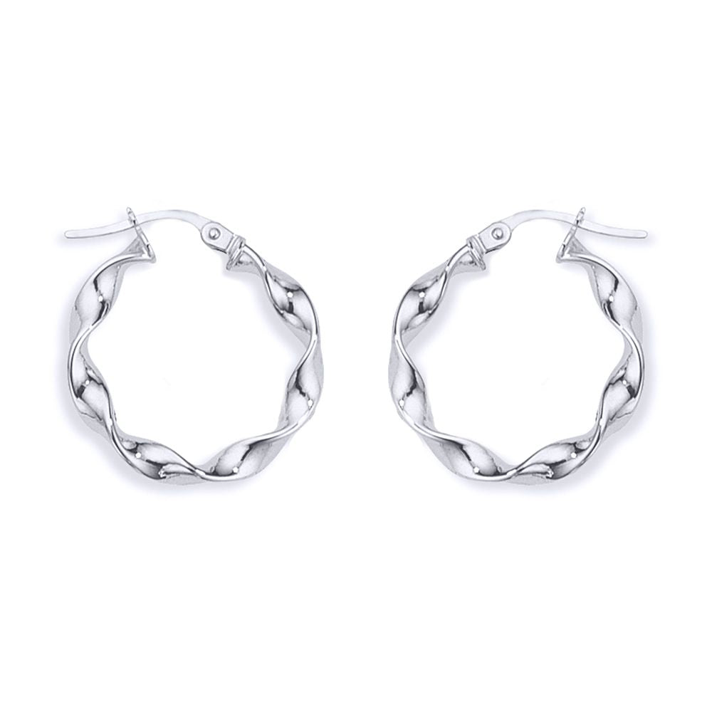 Ladies 9ct White Gold  Candy Twist Ribbon Hoop Earrings - 20mm - ENR02391