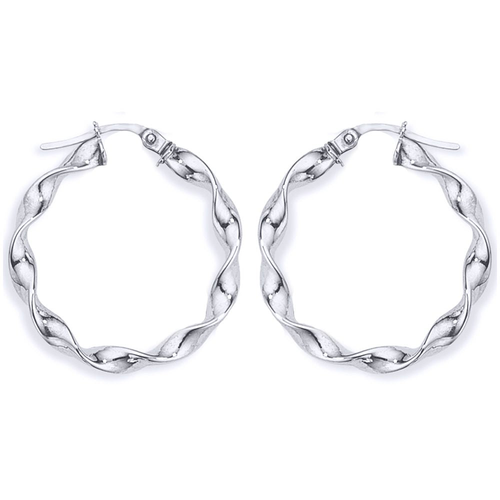 Ladies 9ct White Gold  Candy Twist Ribbon Hoop Earrings - 25mm - ENR02396