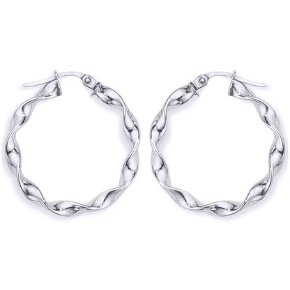 Ladies 9ct White Gold  Candy Twist Ribbon Hoop Earrings - 25mm - ENR02396