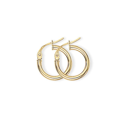 Ladies 9ct Gold  2mm Gauge Plain Polish Hoop Earrings 14mm - ENR02550