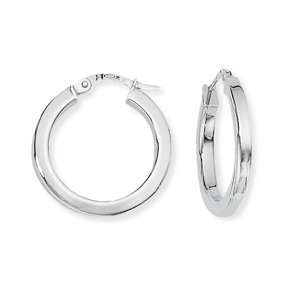 Ladies 9ct White Gold  2mm Gauge Square Tube Hoop Earrings - 20mm - ENR02677