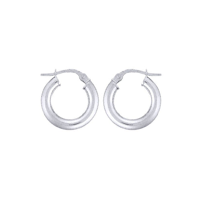 Ladies 9ct White Gold  3mm Gauge Classic Plain Hoop Earrings 15mm - ENR02904
