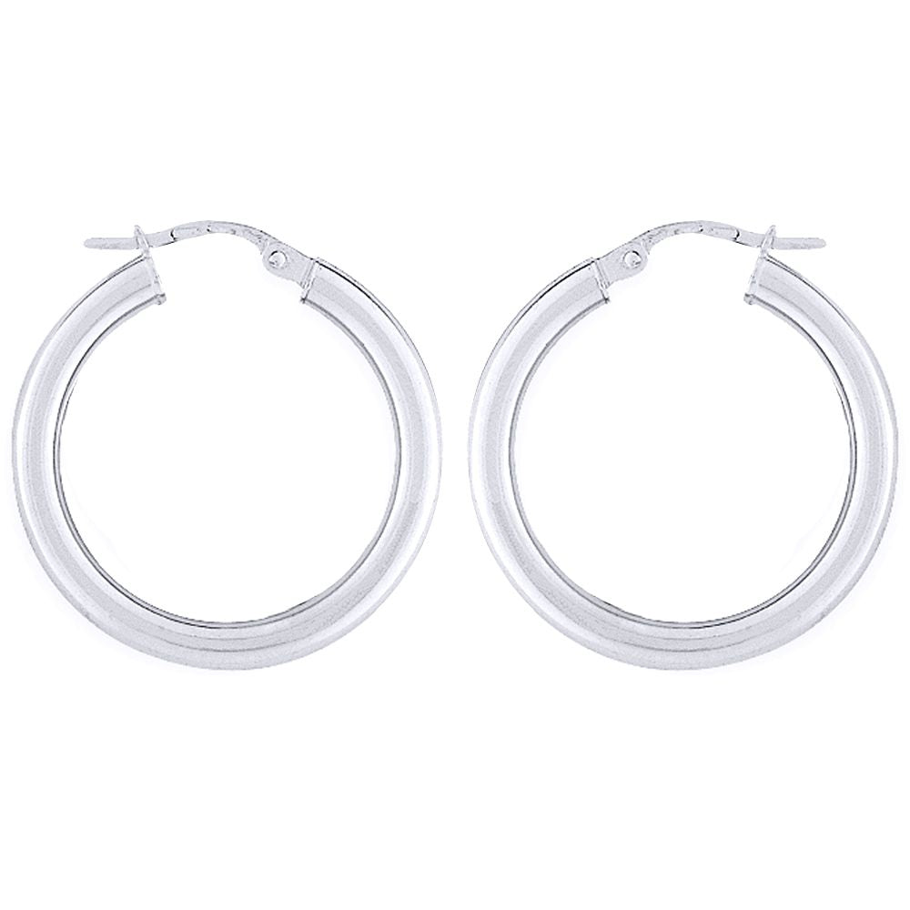 Ladies 9ct White Gold  3mm Gauge Classic Plain Hoop Earrings 25mm - ENR02906