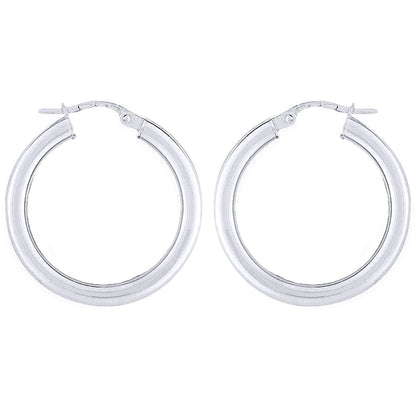 Ladies 9ct White Gold  3mm Gauge Classic Plain Hoop Earrings 25mm - ENR02906