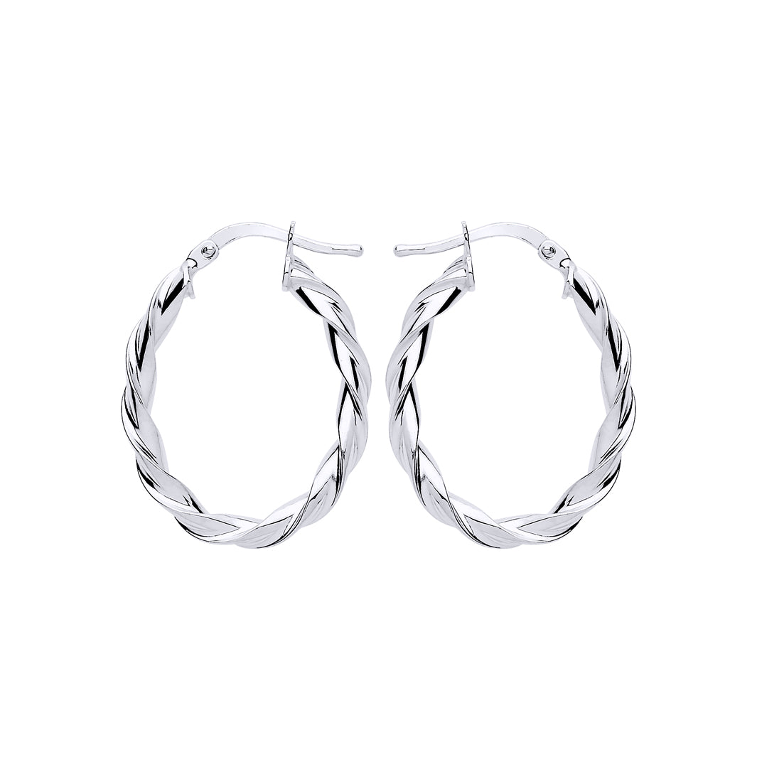 Silver  Candy Twist Oval Hoop Earrings 21mm x 28mm - ER108