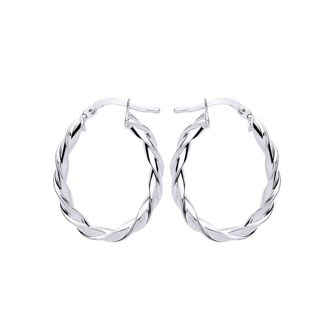 Silver  Candy Twist Oval Hoop Earrings 21mm x 28mm - ER108