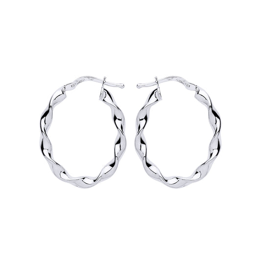Silver  Ribbon Twist Oval Hoop Earrings 21mm x 27mm - ER110
