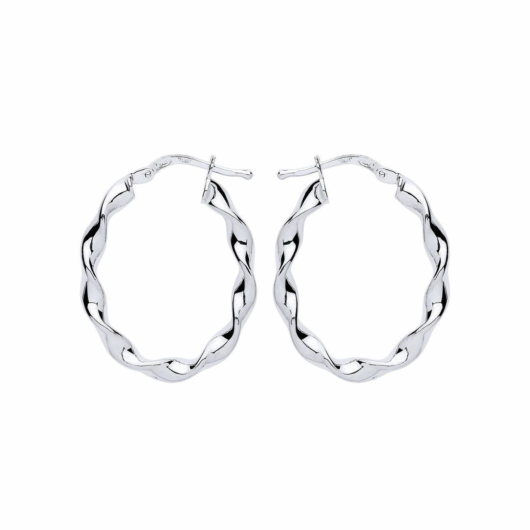 Silver  Ribbon Twist Oval Hoop Earrings 21mm x 27mm - ER110