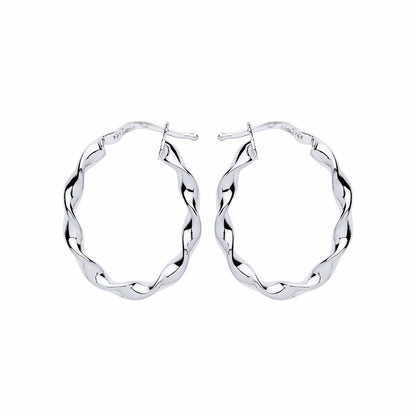 Silver  Ribbon Twist Oval Hoop Earrings 21mm x 27mm - ER110