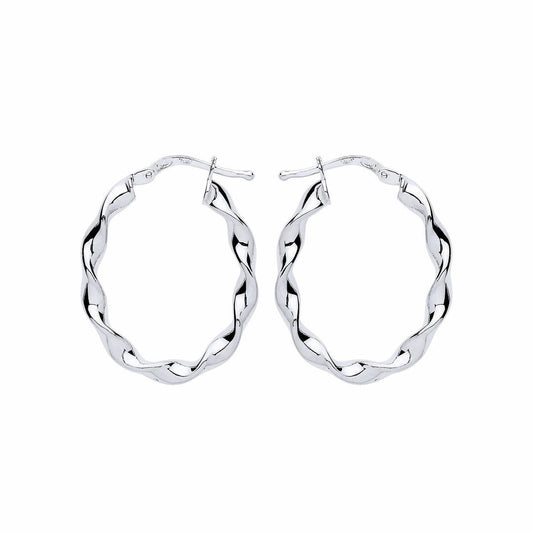 Silver  Ribbon Twist Oval Hoop Earrings 21mm x 27mm - ER110