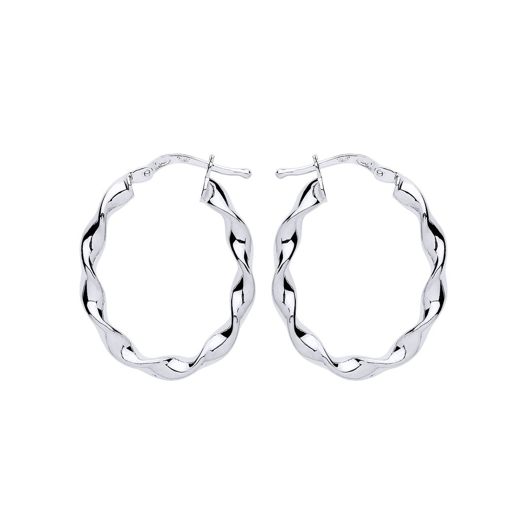 Silver  Ribbon Twist Oval Hoop Earrings 21mm x 27mm - ER110