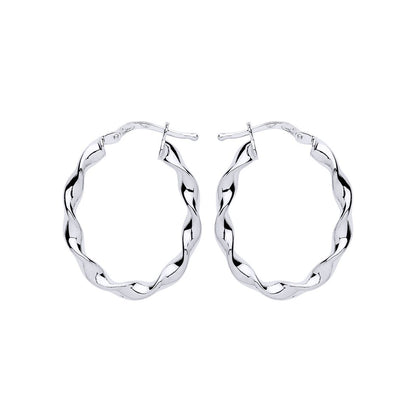 Silver  Ribbon Twist Oval Hoop Earrings 21mm x 27mm - ER110