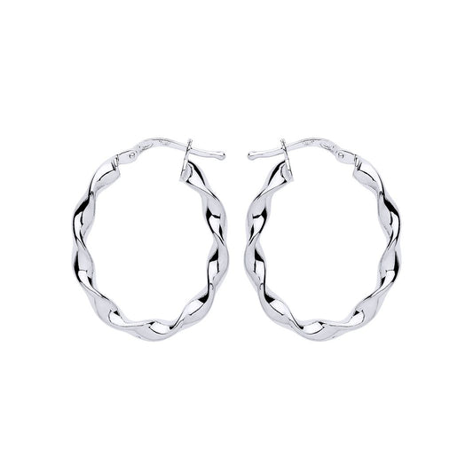 Silver  Ribbon Twist Oval Hoop Earrings 21mm x 27mm - ER110