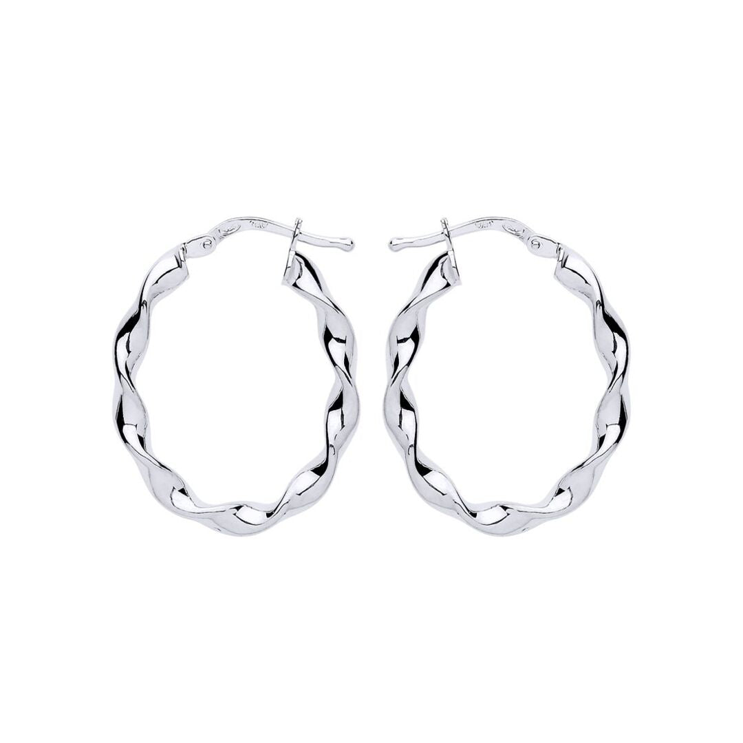 Silver  Ribbon Twist Oval Hoop Earrings 21mm x 27mm - ER110
