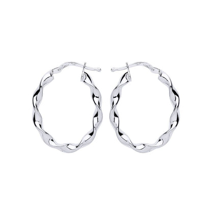 Silver  Ribbon Twist Oval Hoop Earrings 21mm x 27mm - ER110