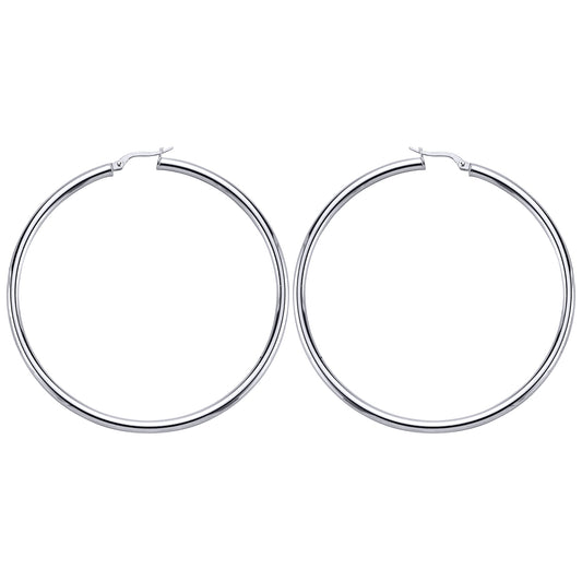 Silver  Round Tube Polished Hoop Earrings 65mm - ER12