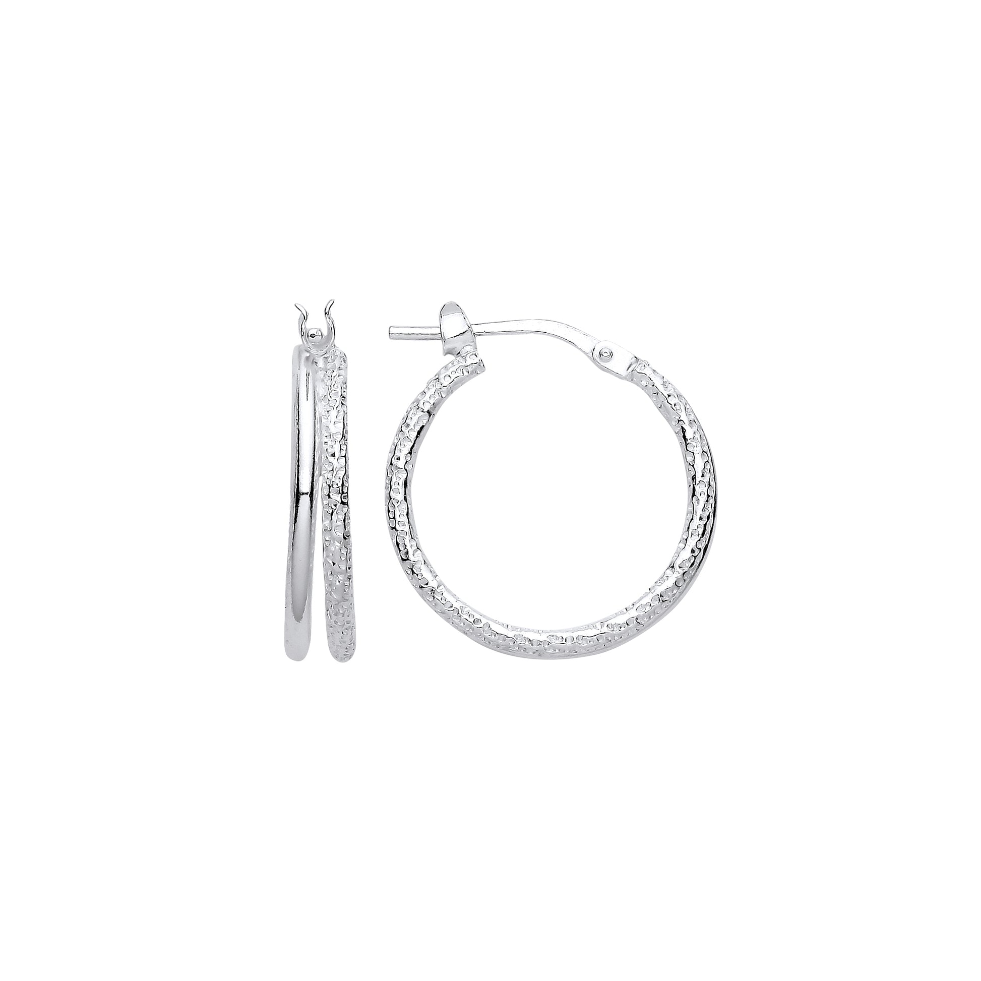 925 Sterling Silver  Frosted Barked Double Hoop Earrings 19mm - ER138