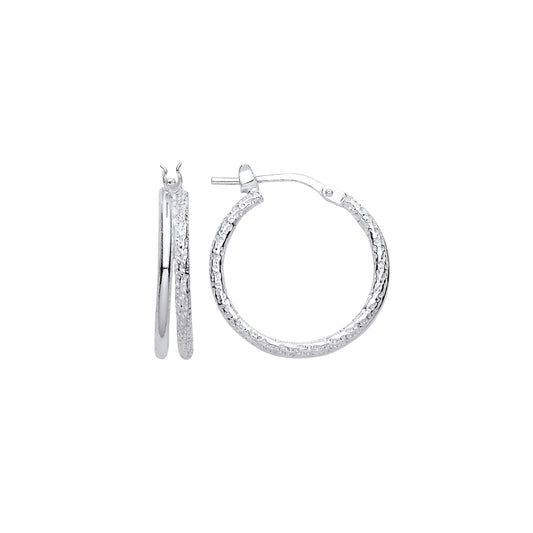 925 Sterling Silver  Frosted Barked Double Hoop Earrings 19mm - ER138