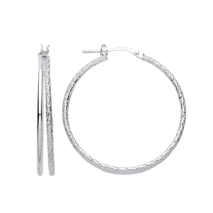 925 Sterling Silver  Frosted Barked Double Hoop Earrings 33mm - ER138
