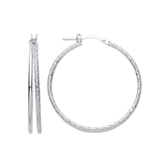 925 Sterling Silver  Frosted Barked Double Hoop Earrings 33mm - ER138