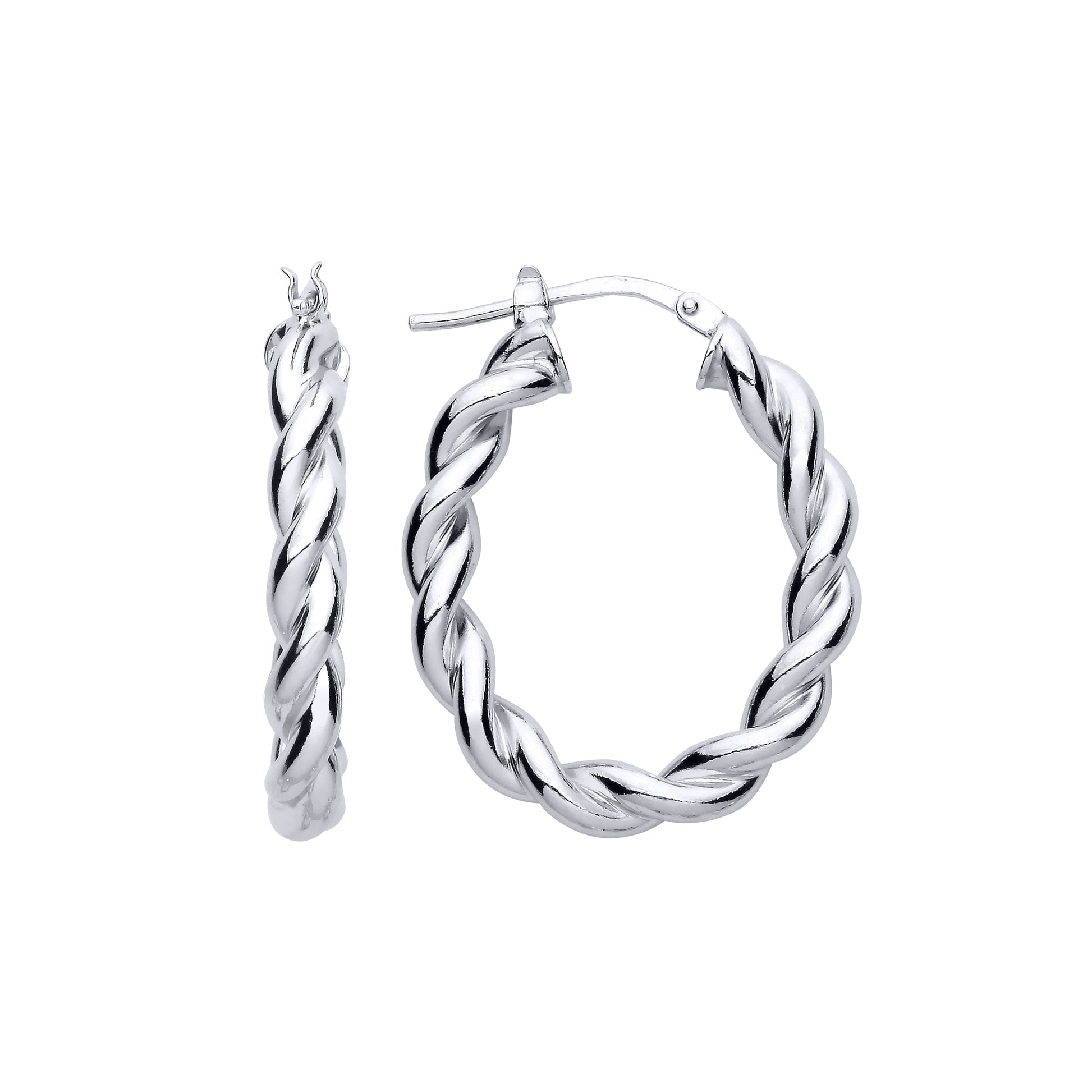 Silver  Plaited Chunky Twist Oval Hoop Earrings 24mm 4mm - ER146